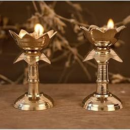 BrassVilla Set of 2 Pure Brass Diya for Puja Temple Decoration, Lotus Shape Pillar Stand Oil Lamp-image-95