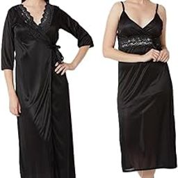 Women's 2-Piece Satin Nighty Set with Robe & Slip | Long Night Dress with Lace Detailing | Bridal & Honeymoon Nightwear-image-31