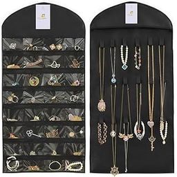 HomeStrap Hanging Non-Woven Double Sided Jewellery Organizer 32 Pockets in Front and 18 Hook and Loops in Back (Without Hanger)(Black)(Featured on Shark Tank)-image-96