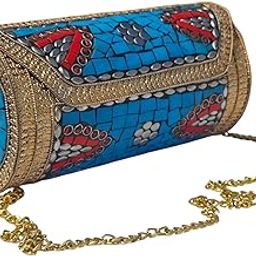 Eye Catching Handmade Cylinder Round Ethnic Golden Metal bag Antique Bridal clutch-image-23