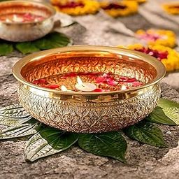 BEHOMA Classic Golden Aluminium Chitai Design 10 inches Urli Indoor Outdoor Center Table Flower Decorative Bowl for Home Dcor, Urali for Haldi, Pooja, Mehandi, Wedding and Holi Decor, 1 Pc, 1000 ML-4