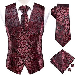 Men's Red and Black Floral Suit Vest and Tie Set Formal 4pc Silk Dress Waistcoat Necktie and Pocket Square Set for Wedding Party or Tuxedo-image-14