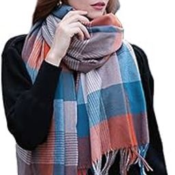 Winter Warm Long Stoles Shawls Long Big Checked Scarves Woolen Women Casual Scarf Soft Wrap for Casual Formal Occassions 200CM*70CM (Orange & Blue)-image-80