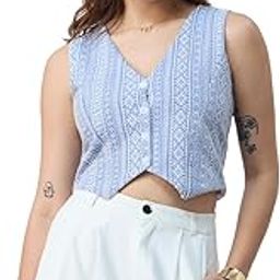 Linen Blend Vest: Aztec Women and Girls V Neck Sleeveless Button Front Blue Printed Polyester Blend Regular Fit Cropped Tops-14
