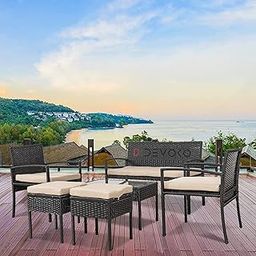 DEVOKO 6-Piece Patio Outdoor Furniture Set Indoor Outdoor Hand-Woven HDPE Rattan Patio Chairs Use for Porch, Balcony, Garden, Poolside (Dark Brown & Cream)-image-75
