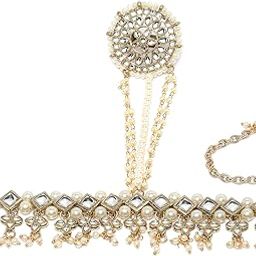 Gold Plated Floral Design Pearl and Kundan Ring Hathphool for Women-6