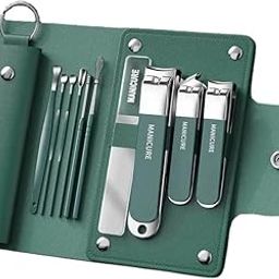 SOHISHI 10 in 1 Nail Clipper Set, Manicure Pedicure Tools Kit with Fingernail & Toenail Clippers, Nail File, Portable Travel Grooming Kit for Men & Women with Leather Case (Pack of 1, Dark Green)-image-4