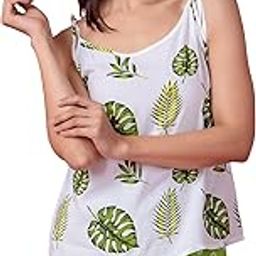 Nightwear Set for Women | 2 Pcs Camisole & Shorts Combo | Cute Cotton Sleepwear for Girls & Ladies | Shirt and Shorts | Comfortable & Stylish | Tropical Leaf - Green-image-81