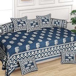 AMLEXTTRIZ Maharaja Special Floral Pure & Soft Cotton Diwan Cover Set |8 Pcs Set - 5 Cushion Cover,2 Bolster Cover,1 Bedsheet (Blue (M2))-image-4