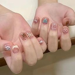 Beauty Tips Press On nails: Featuring adorable white ties, cute kitty designs, and charming hearts, these false Acrylic artificial fake nails bring a playful and sweet vibe. (Pink +ties, E294)-19
