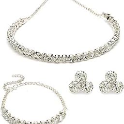 Decorative Crystals Stones Studded Rhodium Plated Choker Necklace Set with Studs Earrings & Adjustable Bracelet Combo Jewellery Set For Women & Girls|Set of 1|CBMIX106866-image-64