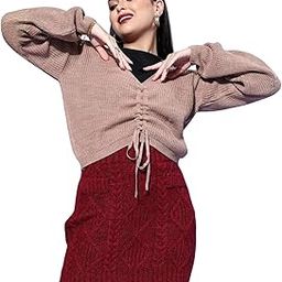 Women Solid V-Neck Front Tie-Up Acrylic Straight Hem Cropped Sweater-image-13
