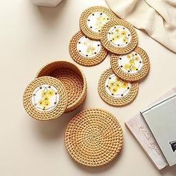 Habere India All The Cultures Fabricating India Handmade Rattan Coaster Set of 6 Tea Coffee Drink Coaster (Design 05)-20