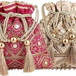 by Q-One Embellished Silk Potli Bag, Handbag, Wristlets, Clutch for Women, Girls with Handmade Embroidery, Sequin, Beads Work for Parties, Weddings and Special occasion-image-63