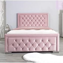 Luxury Tufted Bed Frame with Diamond Pattern Headboard and Footboard, Pink Velvet, Chrome Feet-26