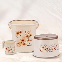 Nayasa Plastic Sqr DLX 3 Pcs Bathroom Set | Bucket 18 L + Mug 1.5 L + 508 DLX Stool | Bathroom Set | Bath Set for Bathroom | Off - White-image-21