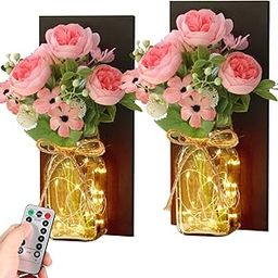 TIED RIBBONS Plastic Pack Of 2 Wall Sconces With Glass Jar Vase And Artificial Flowers Led Lights Wall Decoration Items For Living Room Home Decor Wall Hangings(30.4 Cm X 12.4 Cm,Pink Flowers)-picture-11