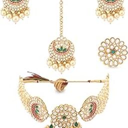 Pink & Green Meenakari Ethnic Choker Necklace Earring Maangtikka & Ring Set For Women-ZPFK18784-image-62