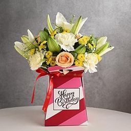 FlowerAura Fresh Live Flower Bouquet In Happy Birthday Box of 2 Daisy, 1 Lily, 5 Roses. 5 Carnation Flowers Birthday Gift For Girlfriend, Boyfriend, Wife, Husband, Parents, Friends (Same Day Delivery)-image-16