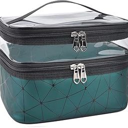 JAGDIV Makeup Bags Double Layer Travel Cosmetic Cases Pouch for Women Travel Cosmetics Case Vanity Box Makeup Kit Storage Water-Resistant Toiletry Bag (Green)-image-92