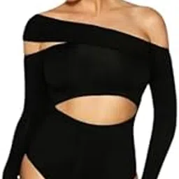 lulu and sky Women's Black Cut-Out Bodysuit Top - Off Shoulder, Asymmetrical Sleeve, Slim Fit, Modern Style - Premium Fashion for Adults|-picture-8