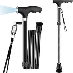 OOCOME Folding Walking Stick with Light, Foldable Walking Sticks for Men & Women Seniors Walking Aids Collapsible Walking Cane with Non-Slip Base Adjustable Height 77cm-90cm, Black-23
