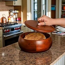 ZAMZAM NOOR CRAFTS Wooden Roti Box with Lid, Mahogany Finish, 22.3x22.3x10.9 cm, Round Casserole-image-50
