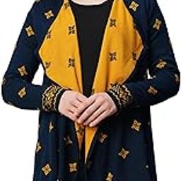 Women Blue Lapel Collar Ethnic Motifs Self Design Acrylic Hip Length Winter Shrug-25