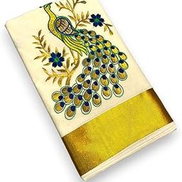 Women's Kerala Kasavu Embroidry Cotton Saree With Running Blouse Piece (Grape Peacock)(Saree 5.5 meter, Blouse 0.8 meter)-picture-12