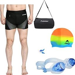 Swimming Costume Trunks Shorts For Men | Anti Fog Swimming Goggles | Silicone Swim Cap For Kids Adults | Earplugs Noseplugs Set Swimming Combo Kit With Carry Duffle Gym Bag (LARGE, MULTICOLOR)-image-26