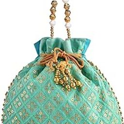 Potli | Silk Wedding Potli | Drawstring Closure Potli | Wallet Potli | Christmas Gift Potli | Baby Shower Potli | Traditional Shagun Potli | Single Side Sequins | Firozi-image-88
