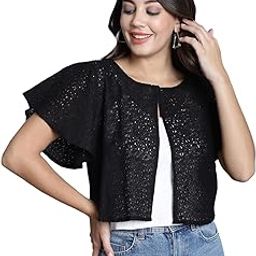 Women Self Design Lace Regular Round Shrug (FM-SHRG-09_N) Black-32