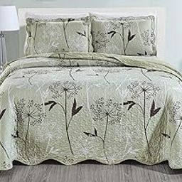 Masterplay,3-Piece Fine Printed Oversize (118inch X 95inch) California Cal King Size Quilt Set , Bedspread Coverlet Bed Cover (Sage Green, Brown, White, Vine)-image-2