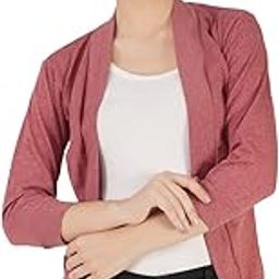 Women's Cotton 3/4th Sleeves Jacket Poncho, Summer Shrug for Ladies-Red Melange, L-41
