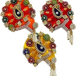 Ecommall Laddu Gopal Pagdi Size 3 No Accessories Set Designer Pagri Mukut Shringar Set for God, Idol, Krishna, Kanha ji, Khatu Shyam ji, Sai Baba, Ganesh ji, MATA Rani Cap Combo (Set of 3)-18