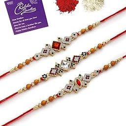 Festive Gold Plated with AD Stones Handmade Multicolor Combo Rakhi For Brother with Roli Chawal & Free Greeting Card|Set of 3|CBRAK107447-24