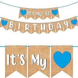 WOBBOX Birthday Bunting Banner"Its My Half Birthday" Jute Style Blue Heart, Birthday Decoration Item, medium (WOBOX1679)-image-72
