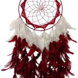 Bhavani Art & Craft, Handcrafted Dream Catcher, Maroon Red and White Feathers, Pearl Beads, Large Wall Hanging Decoration-image-99