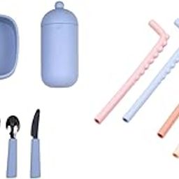 tudd On-The-Go Mealtime Set | Compact & Safe Travel Dining Kit | Blue with Sipper Straw Set | Reusable Silicone Bendy Straws for Kids with Brush | Safe & Easy Clean-image-103