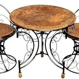 Wood & Wrought Iron Decorative Mooda Chairs with Foldable Round Table – Set of 3 | Handcrafted, Stylish & Durable Furniture for Home, Balcony, Patio, Garden – Brown & Black-8