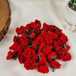 SATYAM KRAFT 50 Pcs Artificial Rose Flowers – Fabric Floral Heads for DIY Crafts, Cake Decor, Wedding Decors, Home, Pooja Thali & Festival Decorations (Yellow) (50, Red)-5