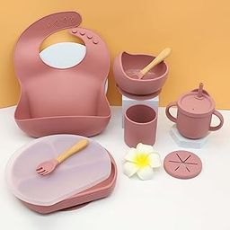 Baby Feeding Set - Weaning Food Utensils for Kids with Suction Plates for Baby, Baby Bowl and Spoon Set, Bib, Snack/Sipper Cup, Baby Feeding All-in-One Combo - BPA Free Silicone - Dark Pink-image-57