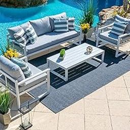Design HUB1 4 Piece Large Metal Outdoor Patio Furniture Conversation Sofa Set in White w/Three-seat Sofa, Two Armchairs, and Coffee Table-80