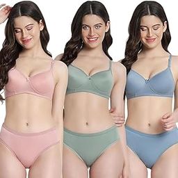 Women's Cotton Lightly Padded Half Cup Wirefree Regular Wear Bra and Panty Honeymoon Bikni Lingerie Set Combo Pack of 3-image-29