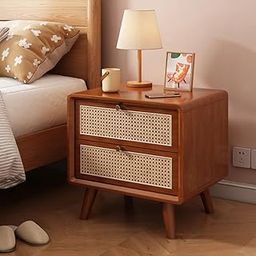 MISAN Sheesham Wood Bedside Table with Drawer | Solid Wood Nightstand with Cane Rattan Front | Side Table for Living Room & Bedroom | End Table for Home Decor with 2 Drawers and Channel (Hony)-image-9