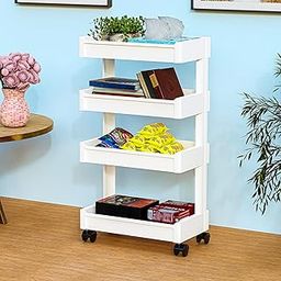 Kuber Industries 4-Layer Plastic Stackable Rack for Storage Multipurpose with Wheels | Moveable Basket & Book Shelf for Kids Room | Portable Side Rack for Living Room, Study Room & Office | White-5