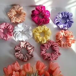 Scrunchies Plain Polka Dots Printed Silk Satin Hair Band HeadBand Jurra Rubber Band for Girls and Women (PACK OF 6, PLAIN)-image-2