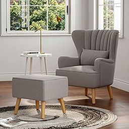 SiedA Wood Wing Chair for Living Room with Ottoman |Chair with Foot Rest and Cushion | Wingback Chair for Livingroom, Bedroom, Office-image-48