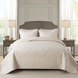 NEWLAKE Quilt Bedspread Set, Beige Jacquard Embossed Floral Pattern Reversible Embroidered Microfiber Coverlet Sets, King Size-16
