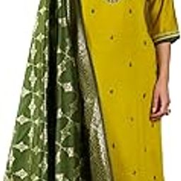 Women's Embroidered Viscose Rayon Kurta with Pant & Banarasi Silk Dupatta Set-50